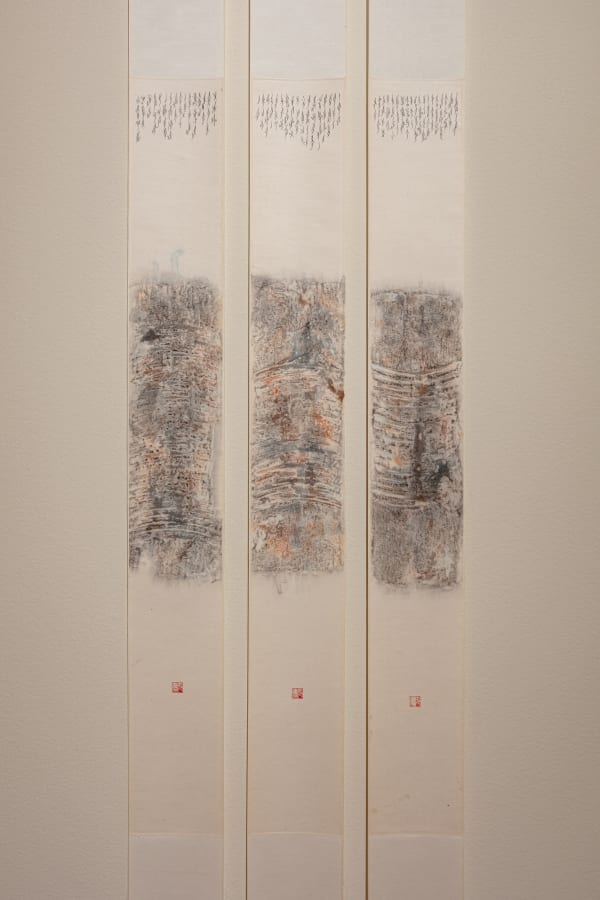 Tao Aimin, In a Twinkle No. 6 (detail), 2011, Ink rubbing on paper, set of three hanging scrolls with nushu (women’s script)